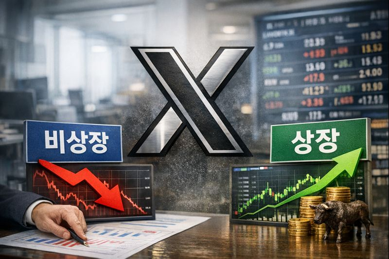 X(구 트위터)가 비상장 이후 재상장 가능성이 거론되는 상황에서
기업 가치의 변화와 상장 여부를 비교한 이미지